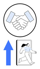 Handshake in circular frame emphasizes agreement, blue arrow indicates growth, person stepping out symbolizes progress or mobility. Ideal for teamwork, growth, change, success, collaboration