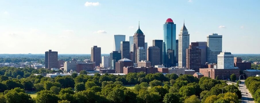 Akron Ohio cityscape with modern skyscrapers and historic buildings under clear sky, clear sky, architecture