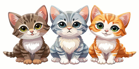 Fototapeta premium Set of Three Sitting Cats in Watercolor – Adorable Feline Illustration on White Background.