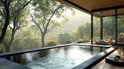Serene hillside spa pool with forest view