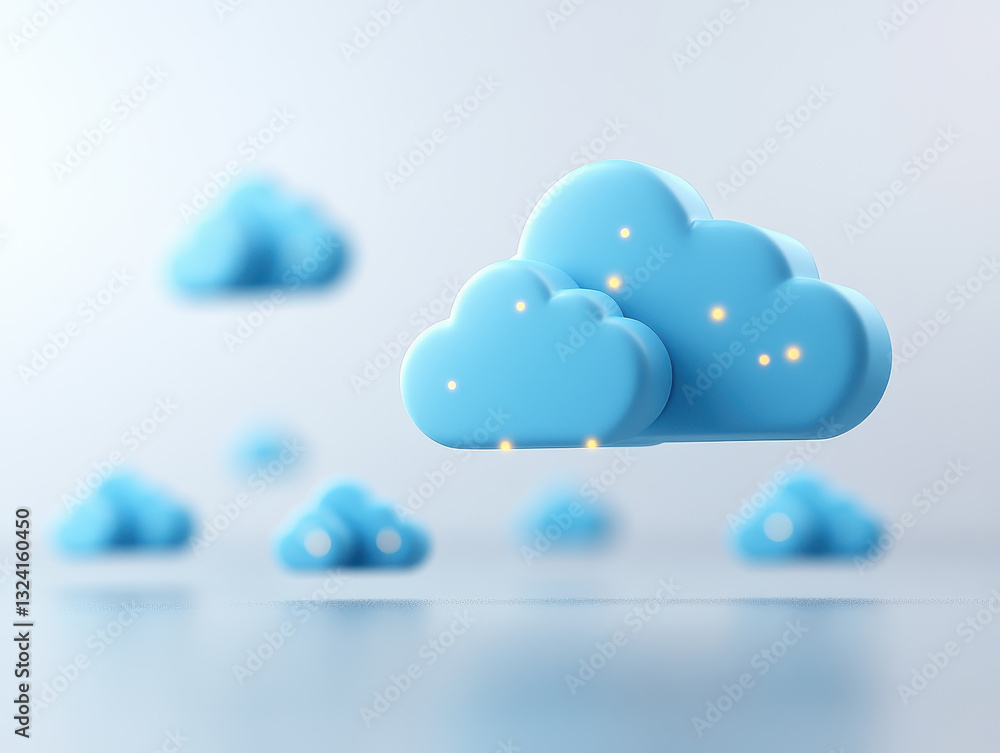 Poster minimalist 3d render of blue clouds with glowing elements, creating serene environment. perfect for 