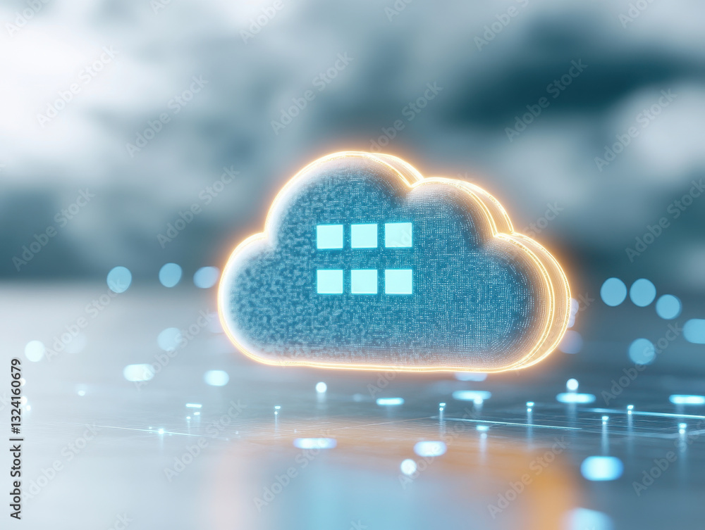 Poster glowing blue cloud symbolizing digital storage, surrounded by floating data points, representing tec