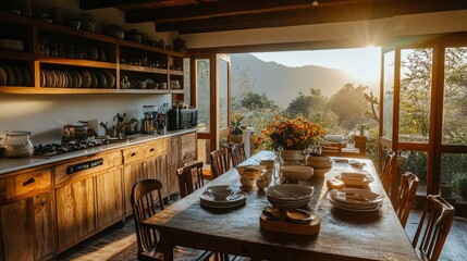 Fototapeta premium A traditional wooden kitchen with a large farmhouse dining table, ceramic dishware, and a breathtaking sunrise over the mountains
