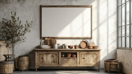 A vintage-inspired farmhouse kitchen with a blank wall mock-up above a rustic sideboard and antique kitchenware
