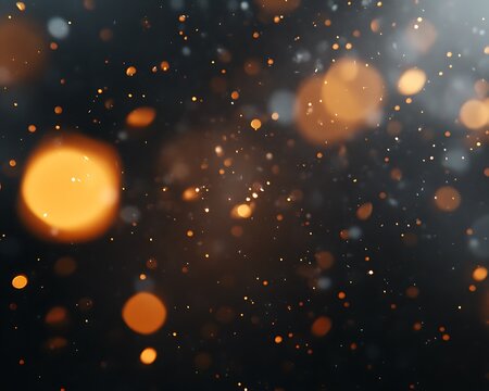 The image showcases an abstract collection of blurred golden particles