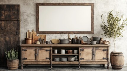 A vintage-inspired farmhouse kitchen with a blank wall mock-up above a rustic sideboard and antique kitchenware