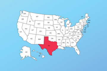 texas vector map isolated on United states map. Editable blank vector map of USA