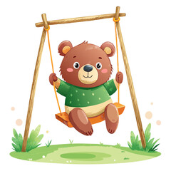 Adorable Watercolor Teddy Bear Swinging on a Wooden Swing – Whimsical Nursery Art.