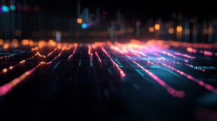 Close-up view of a digital stock market chart reveals glowing data points and upward-trending lines, highlighting financial growth against a dark background