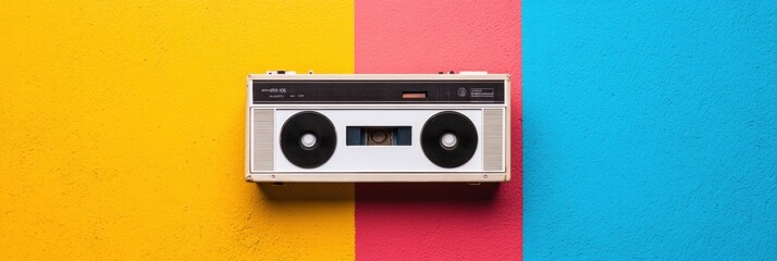 Fototapeta premium Retro Soundscape Revival Vintage Boombox on Pop Art Color Block - Nostalgic Music Technology and Creative Visual Branding for Millennial Retrospective Content