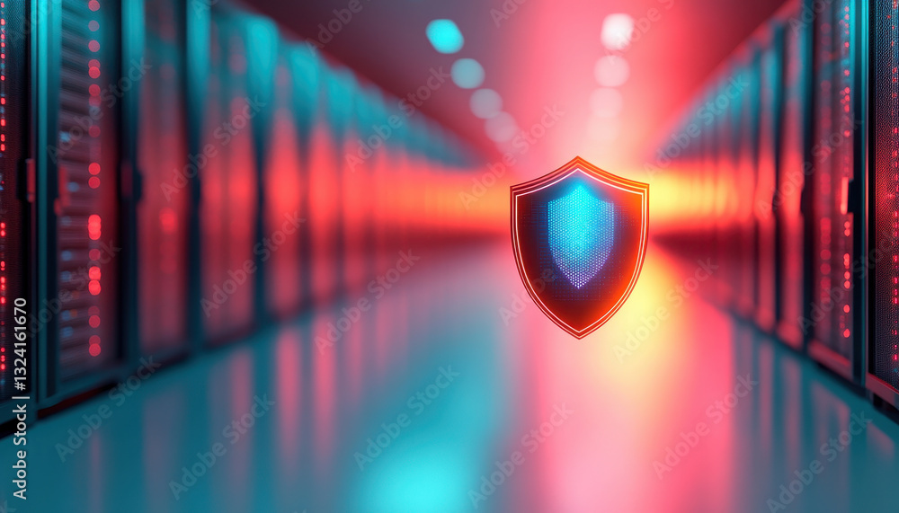 Poster futuristic data center with glowing servers and digital shield symbolizing security. vibrant colors 