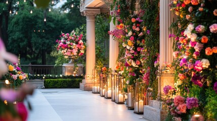 Obraz premium Elegant Wedding Venue with Flower Arrangements and Candlelight