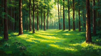 Obraz premium Lush Green Forest with Sunlight Filtering Through Tall Trees and Vibrant Flora
