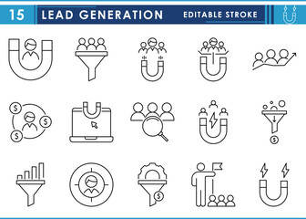 A set of line icons related to Lead Generation. Leading, progressive, money, creative, magnet, cone, target, and so on. Vector editable stroke.