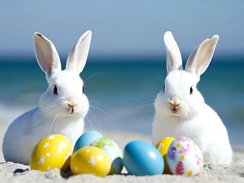 Two white rabbits posing with colorful easter eggs on sand