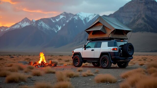 Off-road SUV with a rooftop tent parked beside a campfire in a remote mountain valley at sunset, with snow-capped peaks in the background. Concept of overlanding, adventure travel, and wilderness camp