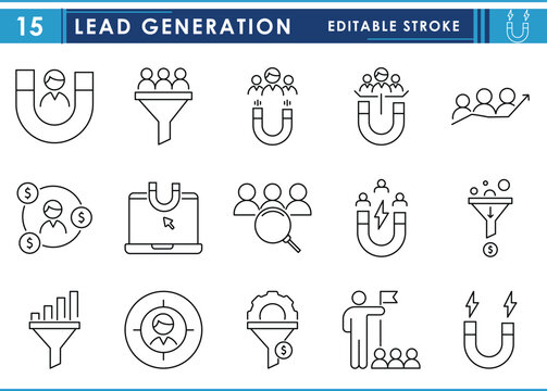 A set of line icons related to Lead Generation. Leading, progressive, money, creative, magnet, cone, target, and so on. Vector editable stroke.