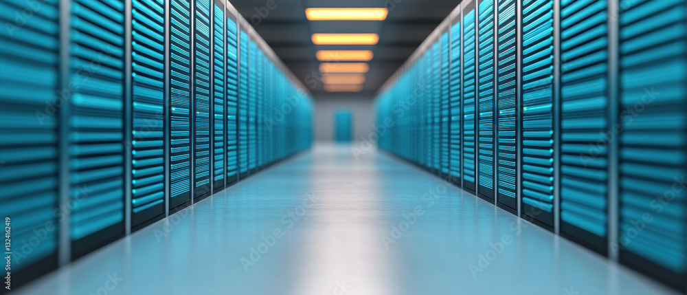 Aufkleber futuristic data center with rows of blue lit server racks, showcasing minimalist design and advanced