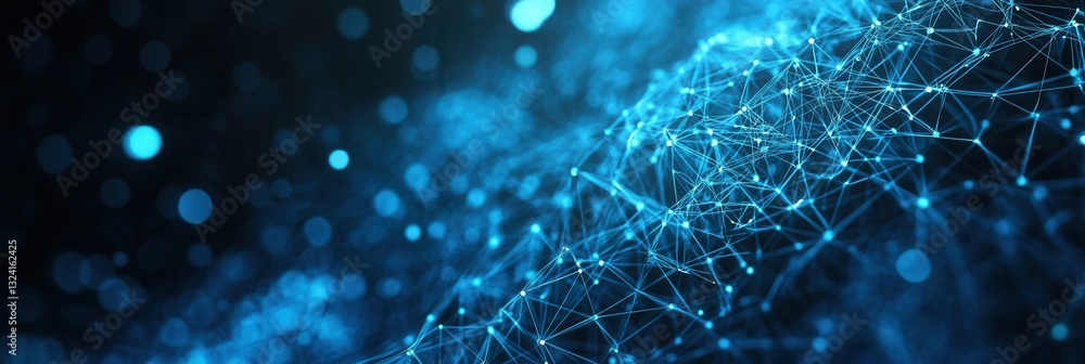 Poster Deep blue neural network patterns create a futuristic tech design with central node clusters fading to black on one side for text placement