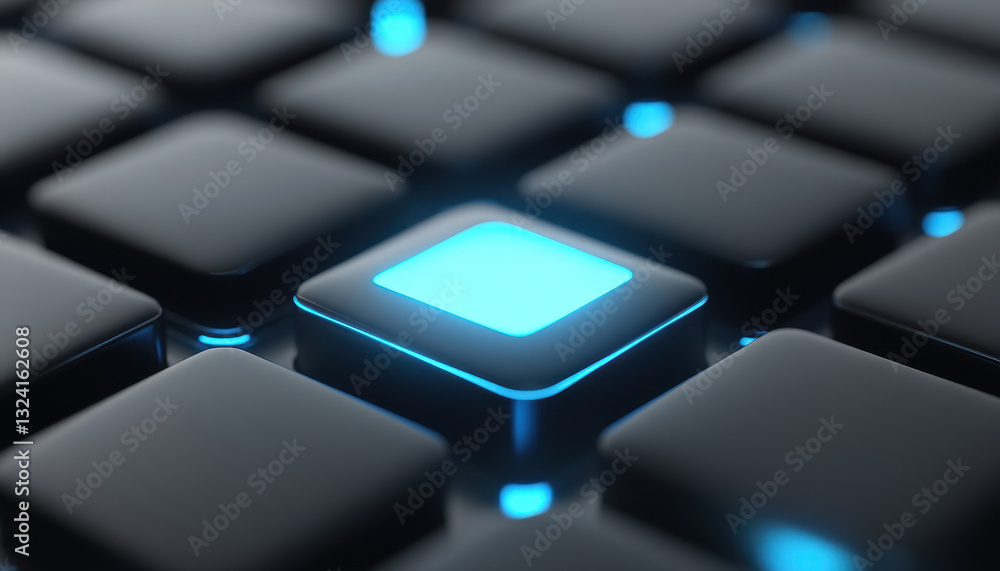 Poster close up view of futuristic keyboard with glowing blue keys, highlighting single illuminated key. sl