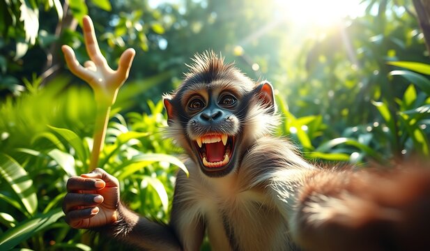 cheerful monkey selfie, vibrant jungle greenery