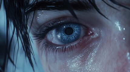 Close-up of a person's eye with water droplets.