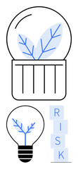 Light bulb with leaves symbolizing growth, aligned with stacked blocks spelling RISK. Ideal for innovation, sustainability, decision-making, strategy, entrepreneurship, creativity, and abstract line