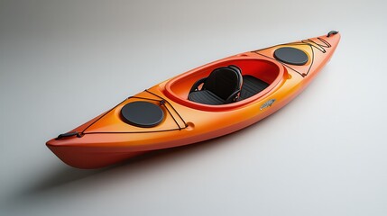 A vibrant orange kayak, its sleek form accentuated by a detailed top-down design, rests on a serene, neutral backdrop, inviting viewers to embark on a journey of exploration.