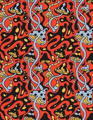 seamless pattern with psychedelic mushrooms, retro vector, 70s