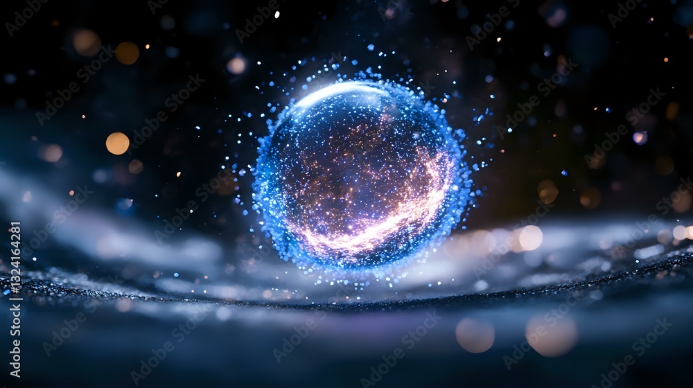 Aufkleber magical glowing sphere with sparkles floating above reflective surface in dark environment. mystical