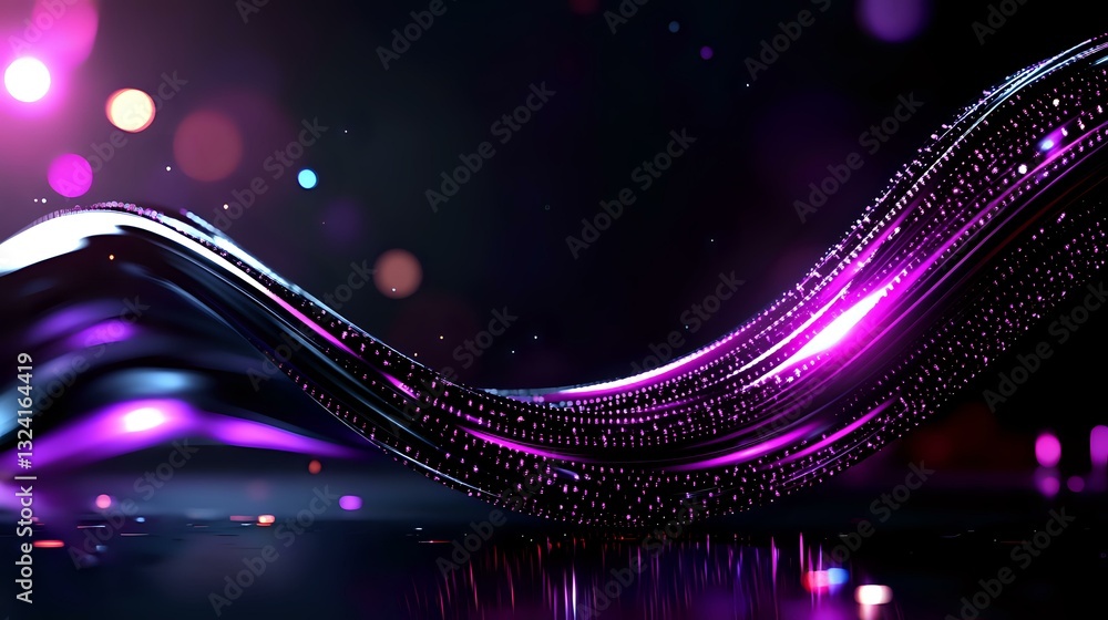 Poster glowing purple wave with sparkling particles and bokeh lights on dark background creates dynamic flo