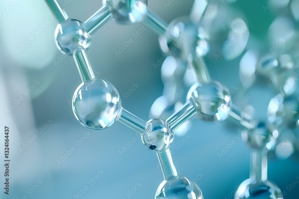 Poster molecular structure visualization in soft blue and turquoise tones showing connected spherical atoms