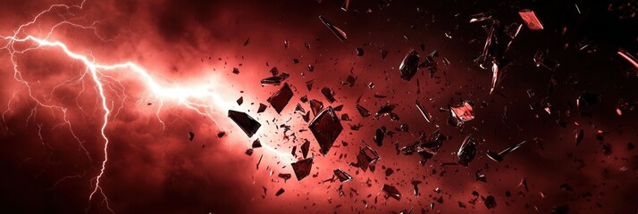 Fractured reality with lightning bolts amidst a stormy red and black backdrop