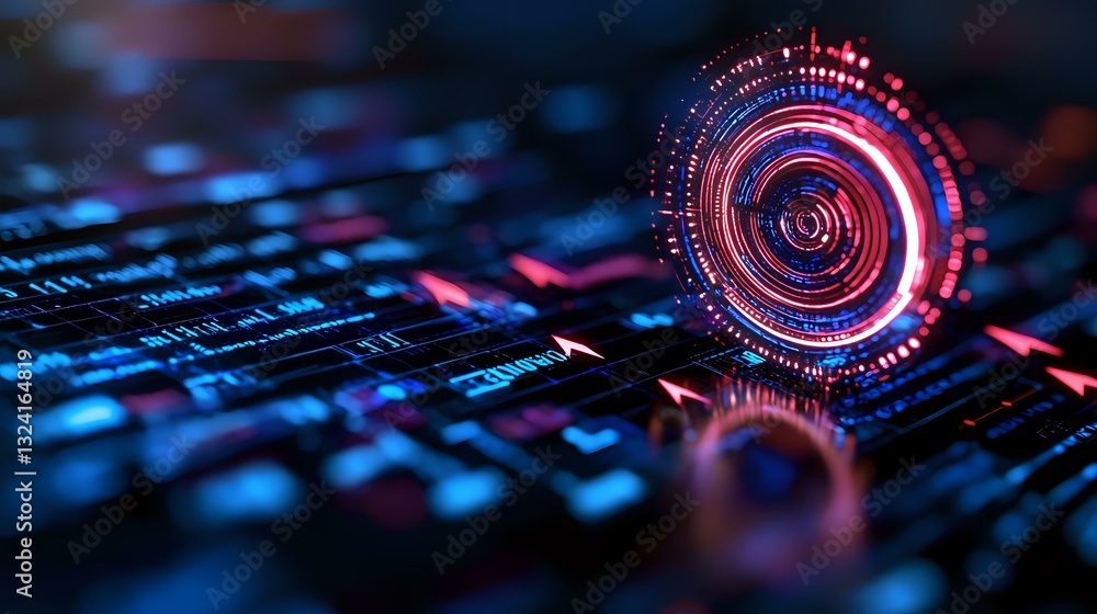 Poster futuristic circular hologram interface with red and blue neon glow floating above digital surface. a