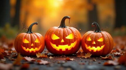 Autumnal Jack-o'-lanterns Illuminate a Forest Path with Glowing Faces and Fallen Leaves