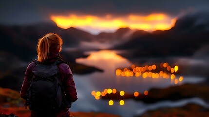 Young Caucasian woman with backpack admiring scenic mountain lake view at sunset, orange sky reflection in water, city lights glowing in foggy valley.