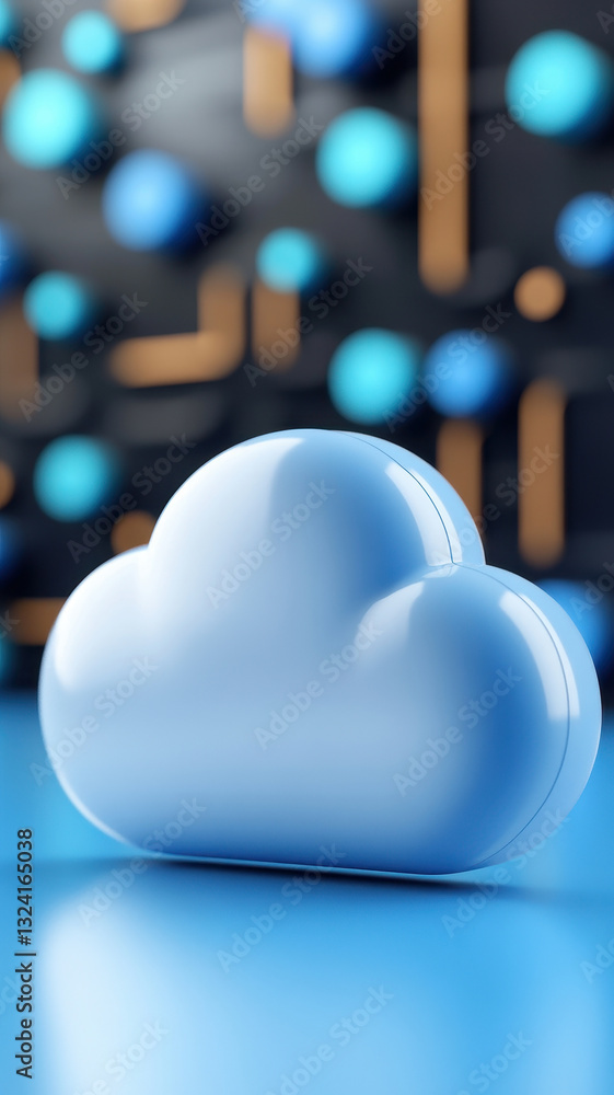 Poster 3d render of cloud computing concept featuring glossy blue cloud against backdrop of abstract shapes