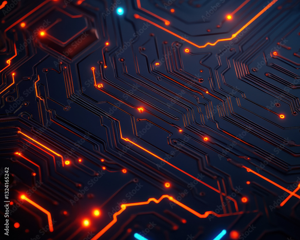 Poster sleek circuit design with glowing blue and orange lines, showcasing intricate patterns and connectio