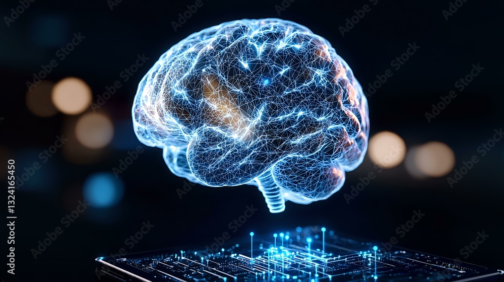 Poster glowing digital brain hologram floating over circuit board interface with blue light effects and neu