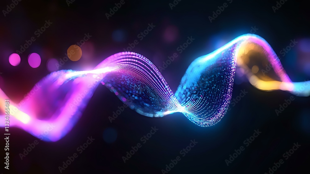 Poster glowing wave of colorful particles flowing in dark space with bokeh effect, abstract digital art sho