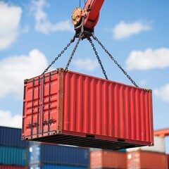 Crane Lifting Red Shipping Container Against Blue Sky and Cloudy Background