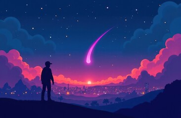 Fototapeta premium Comet approaches Earth as observer gazes at the vibrant night sky