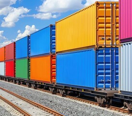Obraz premium Colorful Cargo Containers on Train Tracks Beneath Bright Blue Sky with Clouds