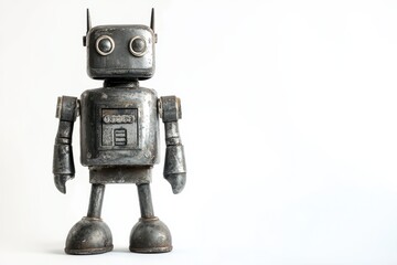 Vintage toy robot figurine with antenna and metal texture isolated on Transparent Background