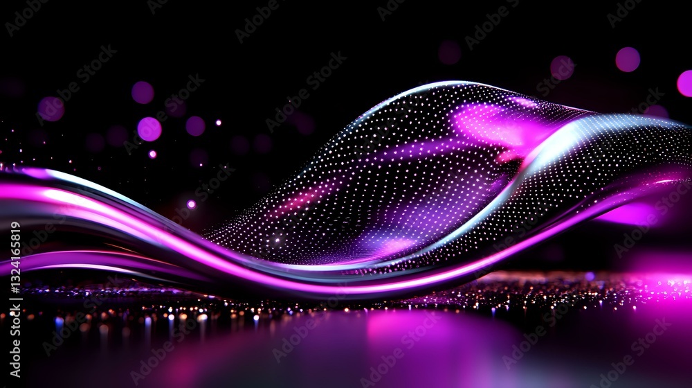 Poster glowing purple wave pattern with luminous dots and particles creating dynamic motion effect against 