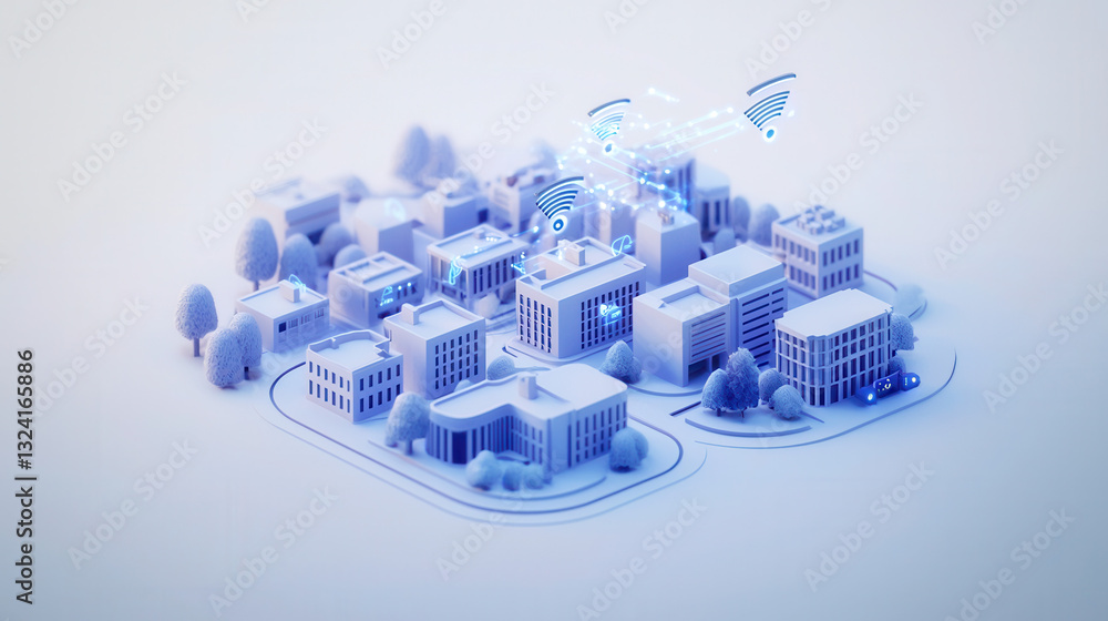 Poster clean and modern visual of global data network in cityscape, showcasing connectivity and technology