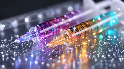 Medical syringes with colorful glowing liquid inside on dark background with bokeh light effects and sparkles creating magical scientific atmosphere.