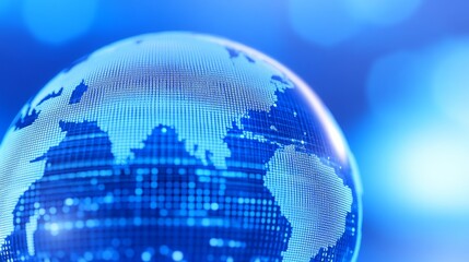 A close-up of a digital globe, showcasing a glowing, stylized representation of Earth against a blue background, emphasizing technology and connectivity.