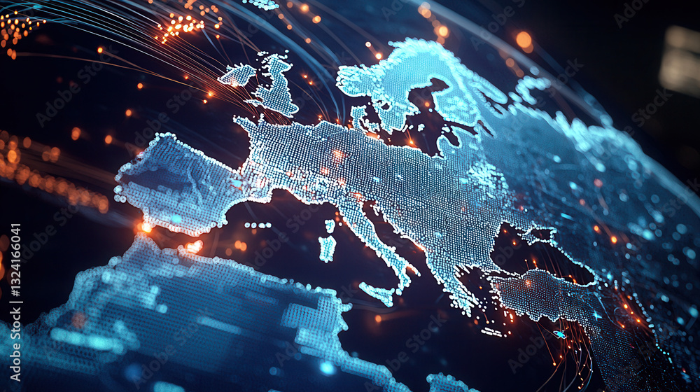 Poster clean and modern visual of global data network showcasing europe with glowing connections