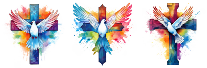 Colorful watercolor christian cross with dove of peace 4k png cutout transparent background isolate